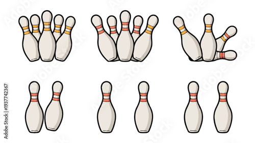 Bowling pins in various formations on white background