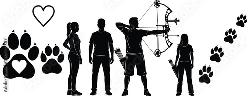 Archery hunter silhouettes with dog paw prints and heart symbols, bow arrow sport vector illustration set