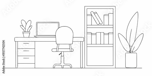 Simple line drawing of a modern home office workspace setup