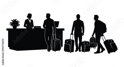 A group of people at a hotel reception including travelers with luggage depicted in silhouette high quality professional