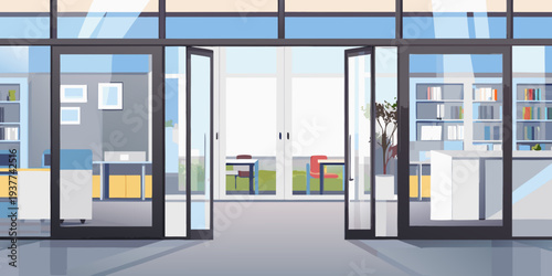 Open doorway reveals a bright modern office interior with minimalist design