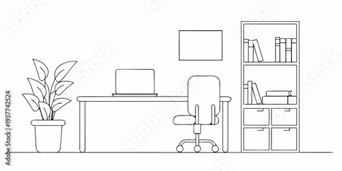 Minimalist line drawing of a modern home office workspace setup