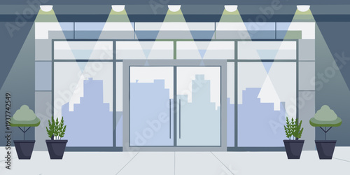 Modern storefront with glass doors and illuminated display windows