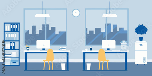 Modern office space with desks computers and a city view