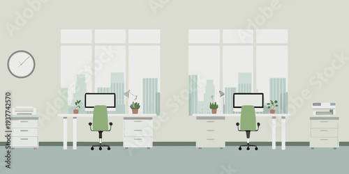 Minimalist office interior with two desks and city view through windows
