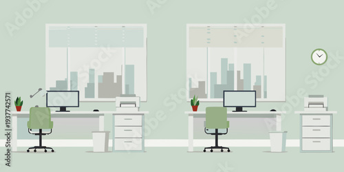 Minimalist office interior with two desks facing a city skyline