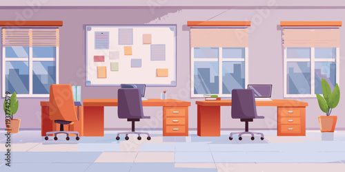 Simple office interior with desks chairs and windows in pastel tones