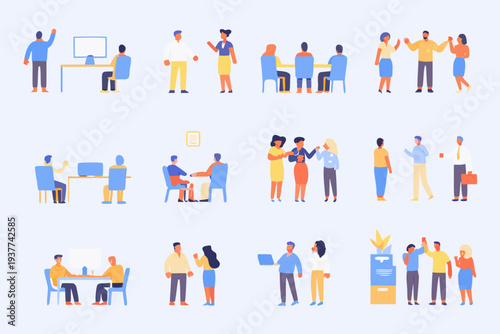 Diverse group of people collaborating in various business meeting scenarios