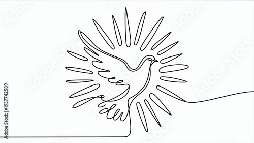 Dove flying out of continuous line art sunburst on white background symbolizing peace and freedom in a simple elegant style