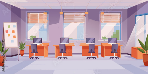 Modern office interior with computers desks and natural light