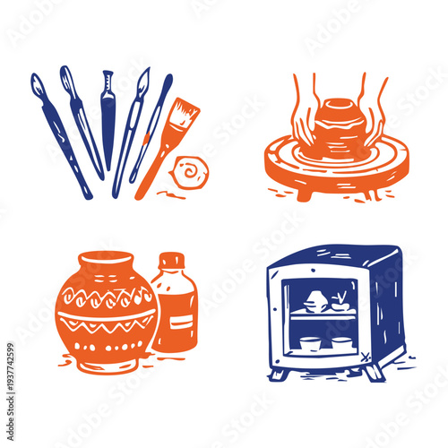Hand drawn pottery illustration set in handmade organic style featuring pottery tools, pottery wheel, ceramic vase, and kiln oven. Minimal two-color artwork ideal for craft workshops, handmade brandin