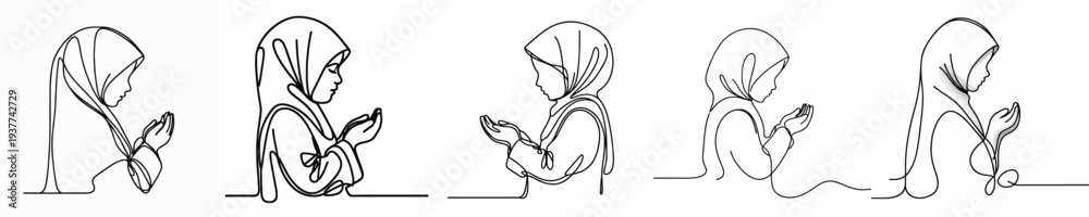 Obraz premium half body line art of a Muslim little girl standing in prayer gesture side view