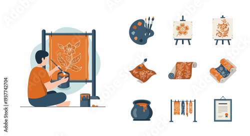 Artist Painting on Canvas with Art Supplies.