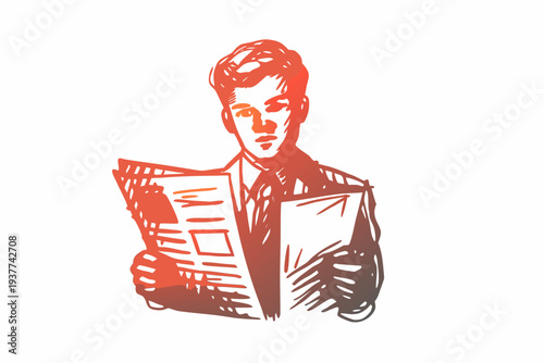 A red sketch depicts a man intently reading a newspaper