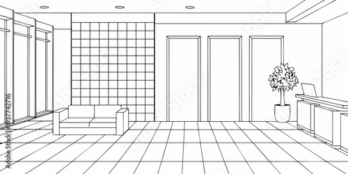 Line art illustration of a minimalist reception area with plant decor
