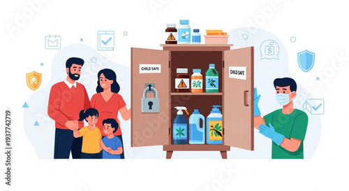 Family Safely Storing Household Chemicals with Child Protection and Safety Awareness Flat Vector Illustration