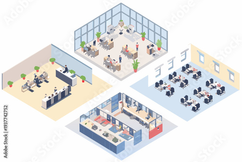 Isometric view of a modern open plan office space with employees