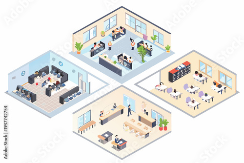 Isometric illustration displaying a modern open plan office environment