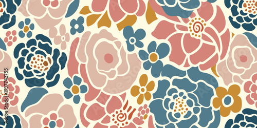 A seamless pattern featuring stylized floral shapes in muted tones
