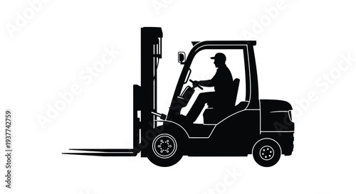 A stark black silhouette of a forklift truck with an operator showcasing industrial machinery silhouette high quality professional