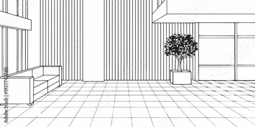 Minimalist architectural sketch of an interior space with a potted plant