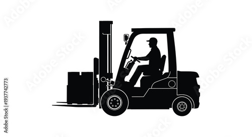 A stark black silhouette depicts a forklift operator skillfully maneuvering industrial equipment showcasing logistical work silhouette high quality