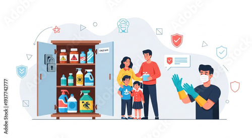 Family Safely Storing Household Chemicals with Child Protection and Safety Awareness Flat Vector Illustration