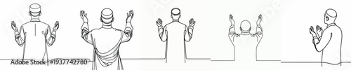 half body line art of a Muslim standing in prayer gesture back view