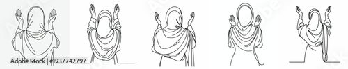 half body line art of a Muslim woman standing in prayer gesture back view