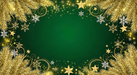 Elegant Green and Gold Christmas Background - Forest Green Gradient with Golden Pine Branches and Snowflake Accents