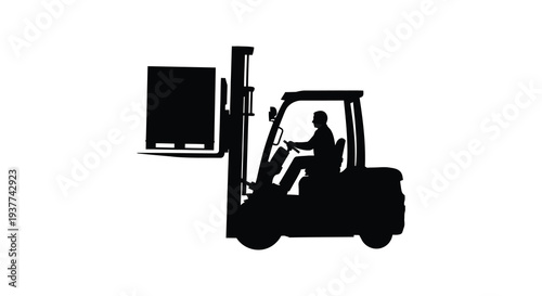 A black silhouette of a forklift truck with an operator showcasing industrial machinery and logistics silhouette high quality