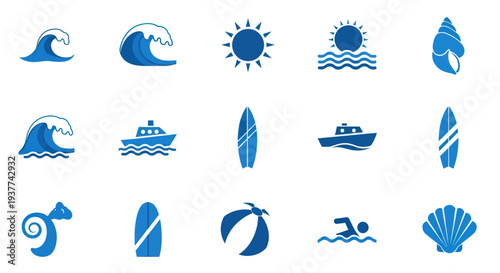 Blue Beach Icons Set Illustration.