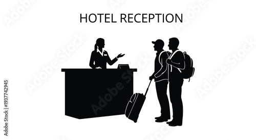 A hotel reception scene depicts a check in interaction with staff and guests in silhouette high quality professional detailed