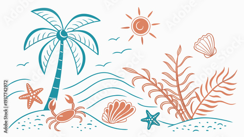 Minimalist shoreline drawing with tropical elements sun sea birds and maritime life on white backdrop