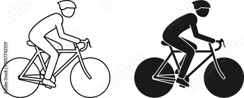 Professional road cyclist riding a racing bike side view set featuring outline and black silhouette vector icons isolated on white background for sports and fitness design.