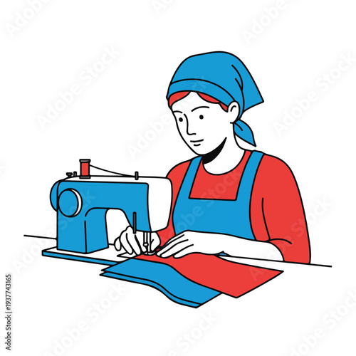 Woman sewing with blue machine and red headscarf at desk