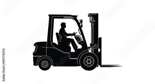 A stark black silhouette depicts a forklift truck operator at work showcasing industrial machinery silhouette high quality professional
