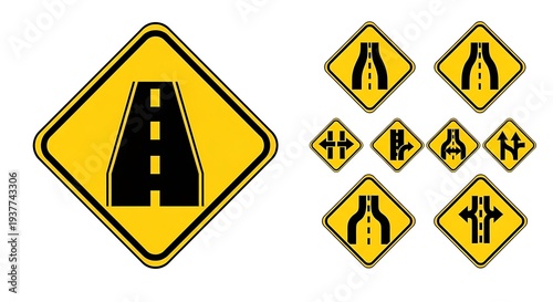 Collection of yellow road warning signs with various road narrowing symbols