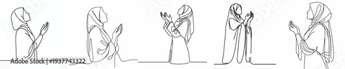half body line art of a Muslim woman standing in prayer gesture side view