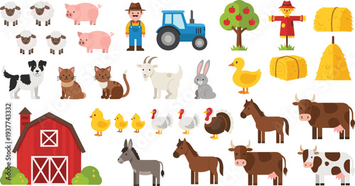 Luxury Gemstone Collection with Diamond Ruby Emerald Sapphire and Heart Shapes Shiny Jewelry Vector Illustration SetFarm Animals and Agriculture Elements Collection with Barn Tractor 