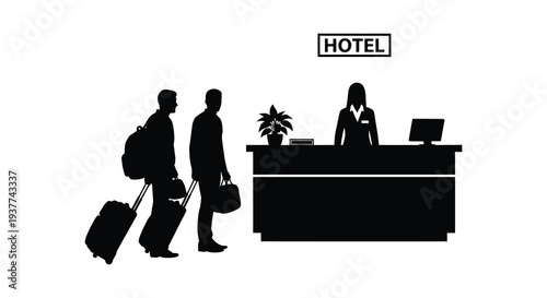 A stark black silhouette depicts guests checking in at a hotel reception desk silhouette high quality professional detailed