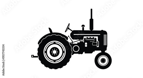 A stark black silhouette depicts a vintage farm tractor showcasing rural machinery and agricultural history silhouette high quality