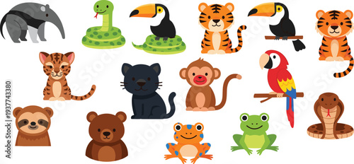 Cute Jungle and Forest Animals Collection Including Tiger Monkey Frog Parrot Toucan Bear Snake Vector Illustration Set