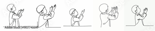 half body line art of a Muslim little boy standing in prayer gesture side view