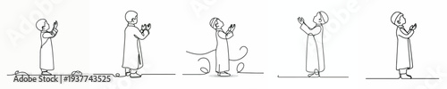 line art of a Muslim little boy standing in prayer gesture side view