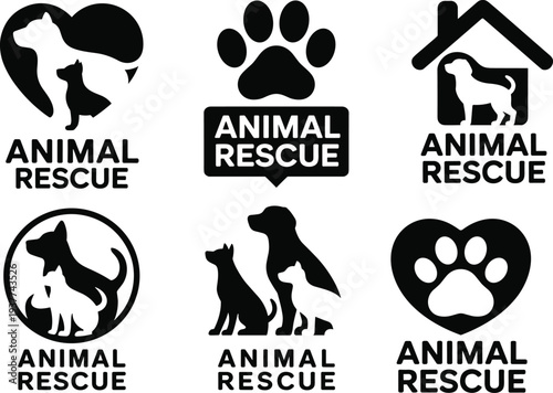 Black and White Animal Rescue Logos Featuring Dogs and Cats symbol icon