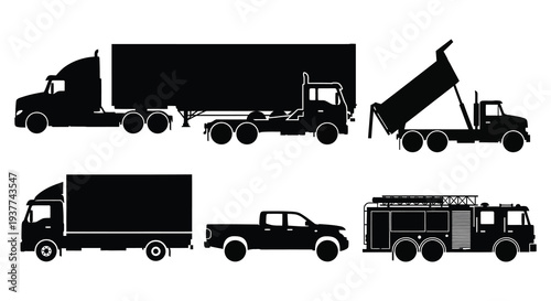 A collection of various commercial vehicles depicted in a stark black silhouette high quality professional detailed modern elegant