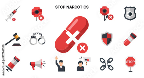 Anti Narcotics Icons Set Illustration.