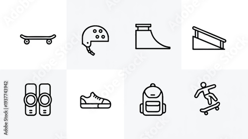 Collection of skateboarding icons and accessories on white background