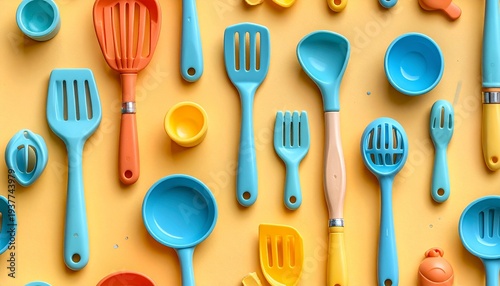 Assorted kitchen utensils and tools arranged on a vibrant yellow background from a top-down viewpoint